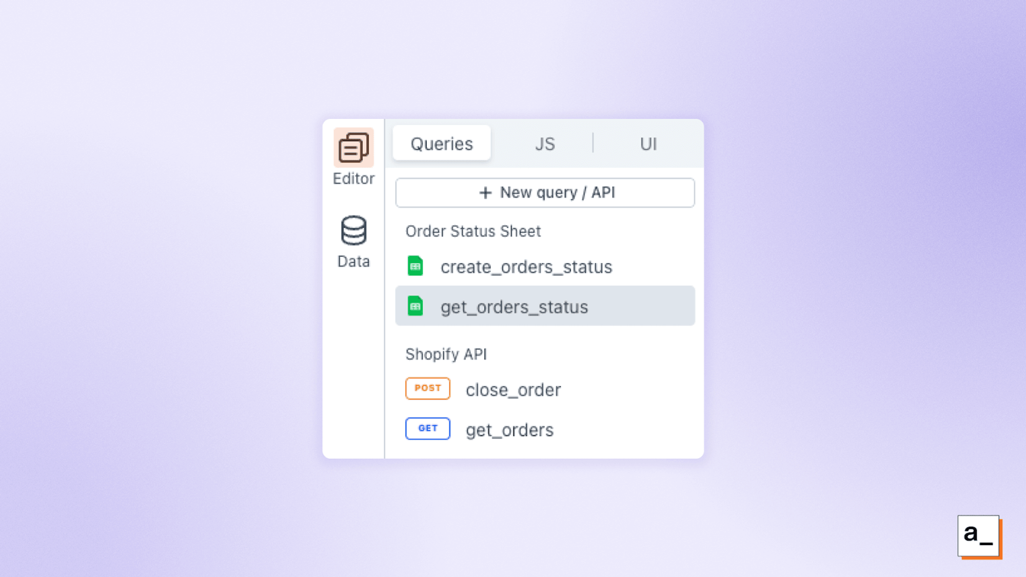 Google Sheets and Shopify API queries in the Appsmith interface.